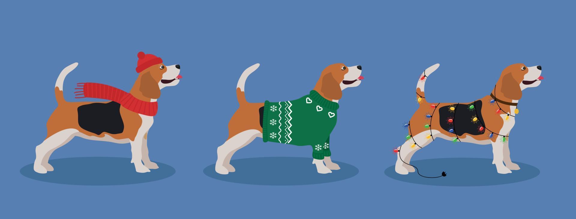 hundar Sammanträde och bär jul kostym, tecken, vinter- och ny år firande. Lycklig hund. vinter- design. Lycklig högtider mall. tecknad serie djur. vektor illustration