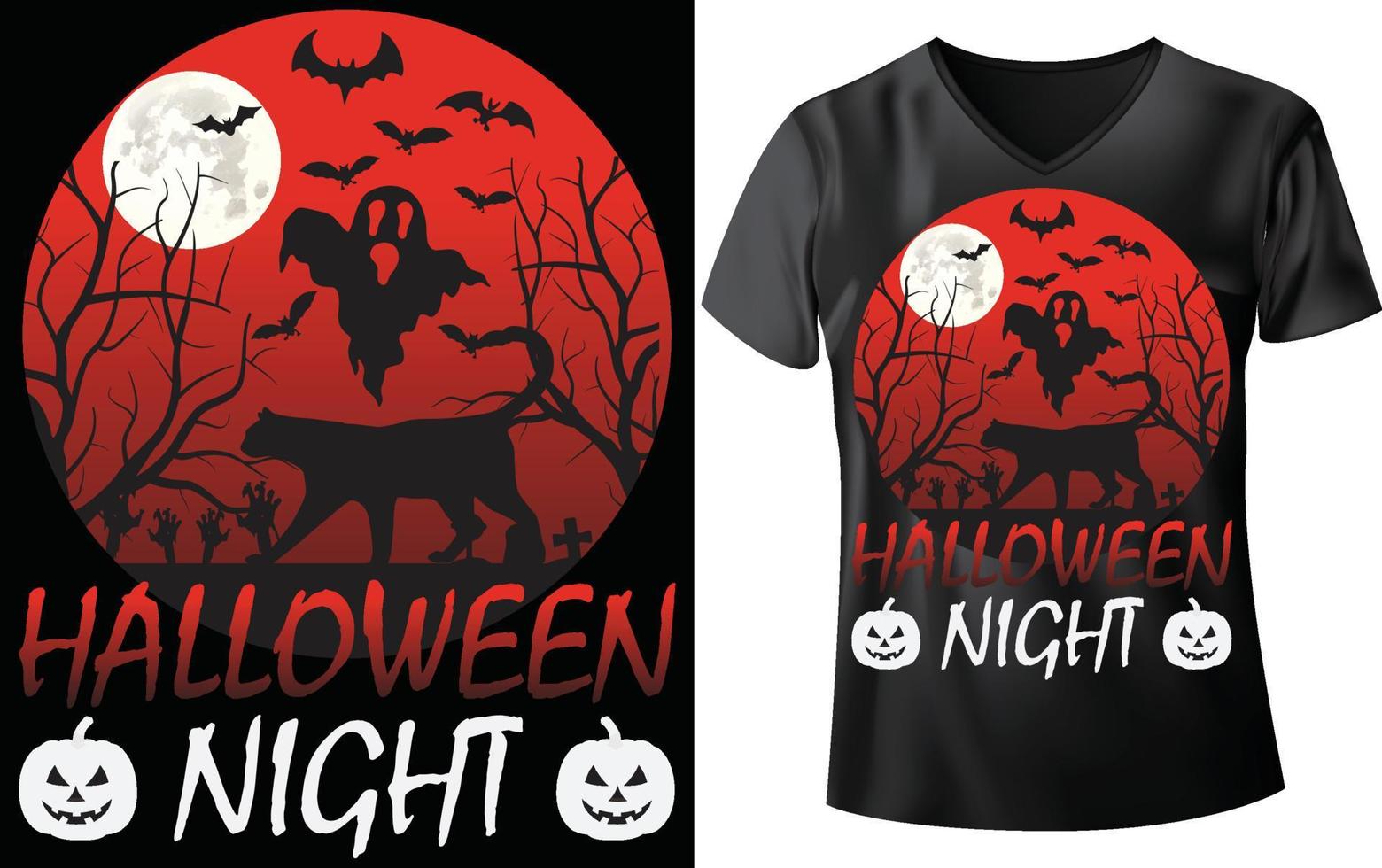 halloween katt t-shirt design, halloween natt vektor