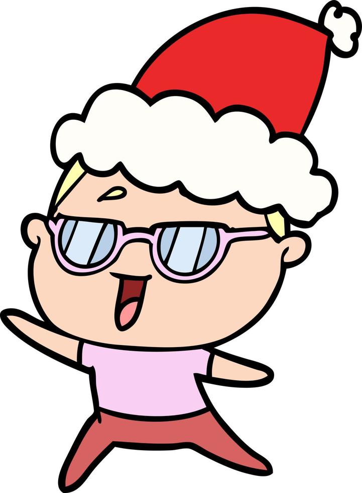 Strichzeichnung einer glücklichen Frau mit Brille und Weihnachtsmütze vektor