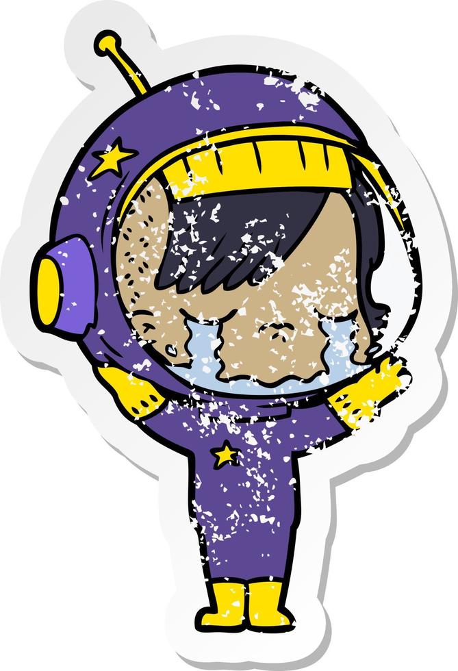 bedrövad klistermärke av en tecknad gråtande astronautflicka vektor