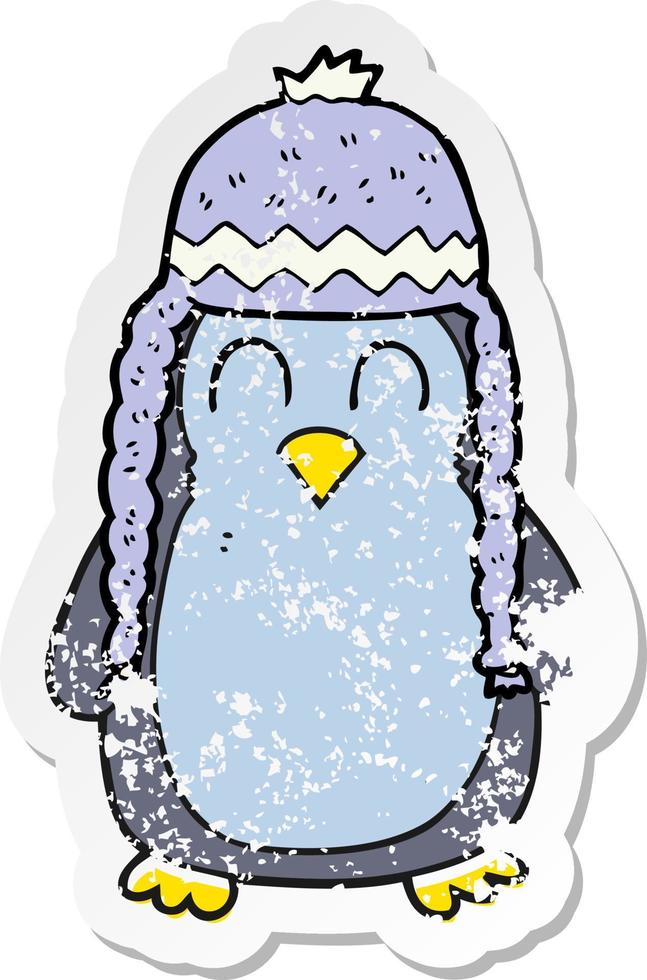 retro bedrövad klistermärke av en tecknad serie pingvin bär hatt vektor