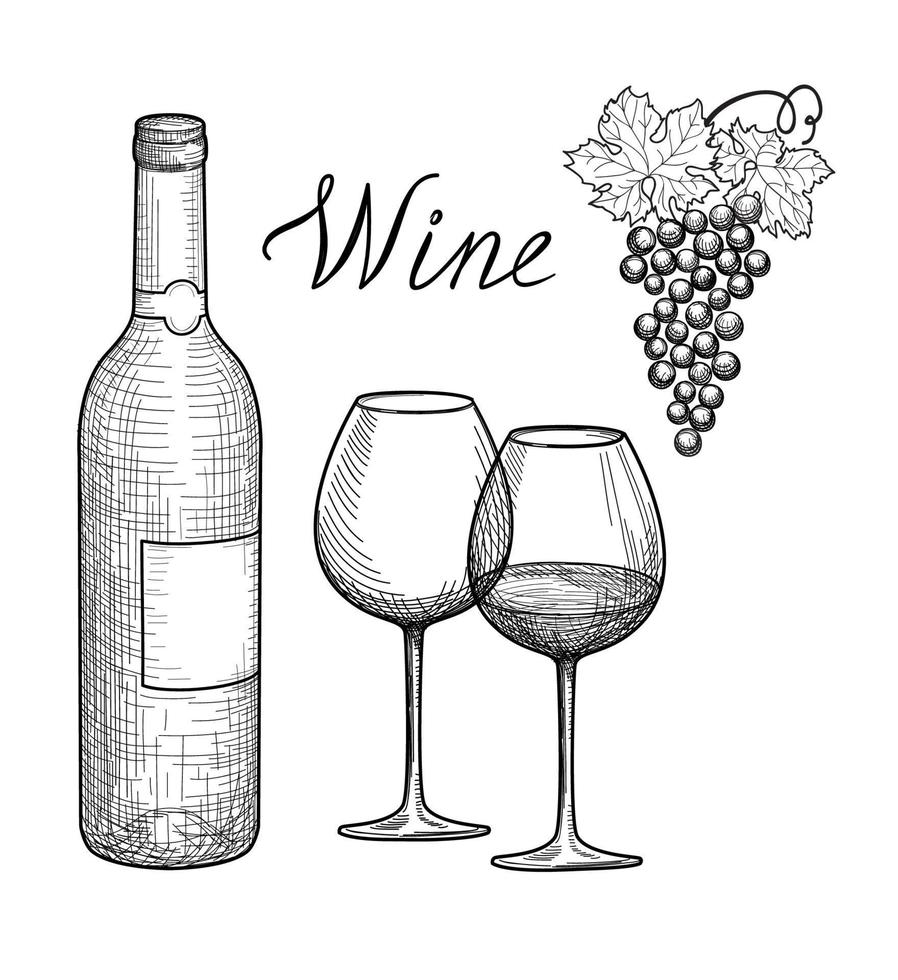 Weinset trinken. Café-Bar-Menü-Banner. Weinglas, Flasche, Schriftzug. winecard retro gravierter hintergrund vektor