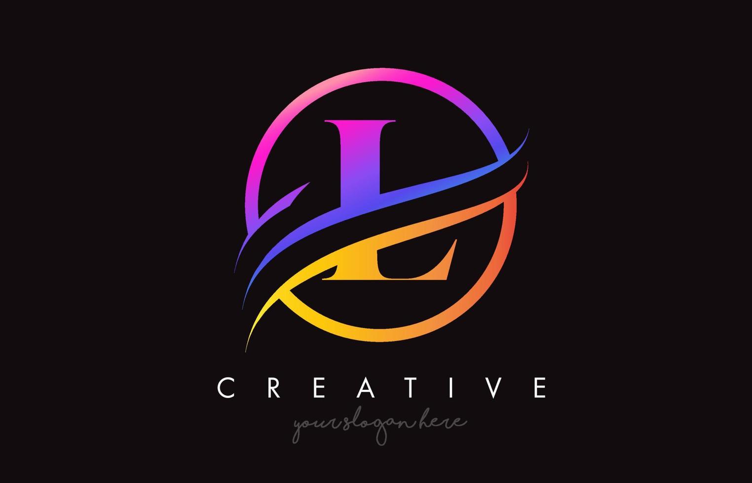 kreatives buchstabe-l-logo mit lila-orangefarbenen farben und kreis-swoosh-schnitt-designvektor vektor