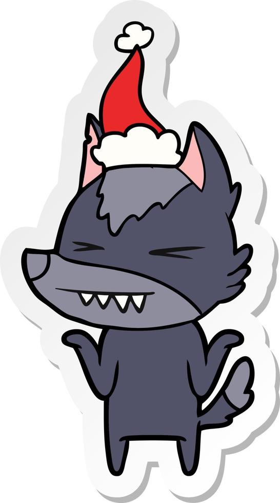 Wütender Wolf-Aufkleber-Cartoon einer tragenden Weihnachtsmütze vektor