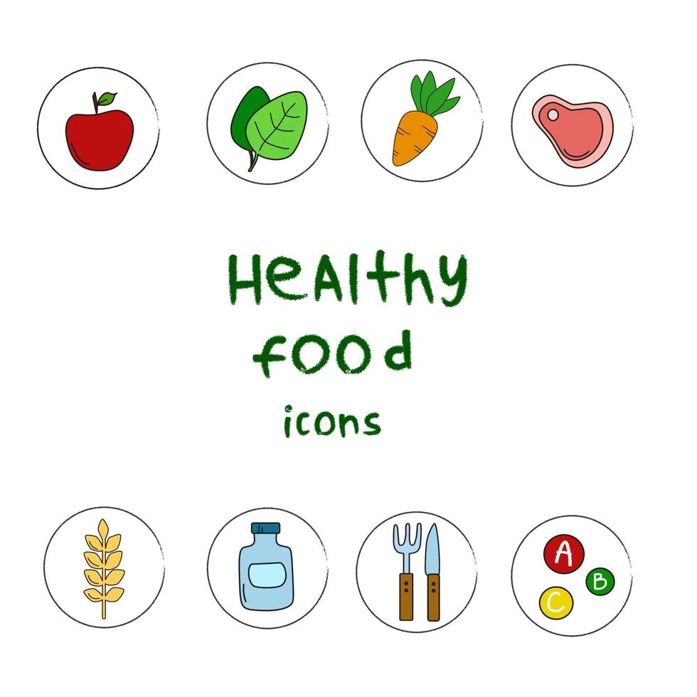 friska mat begrepp platt stil ikoner uppsättning vektor illustration
