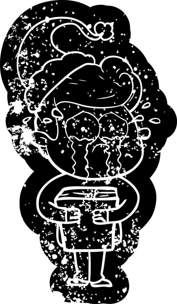 tecknad serie bedrövad ikon av en gråt man innehav bok bär santa hatt vektor
