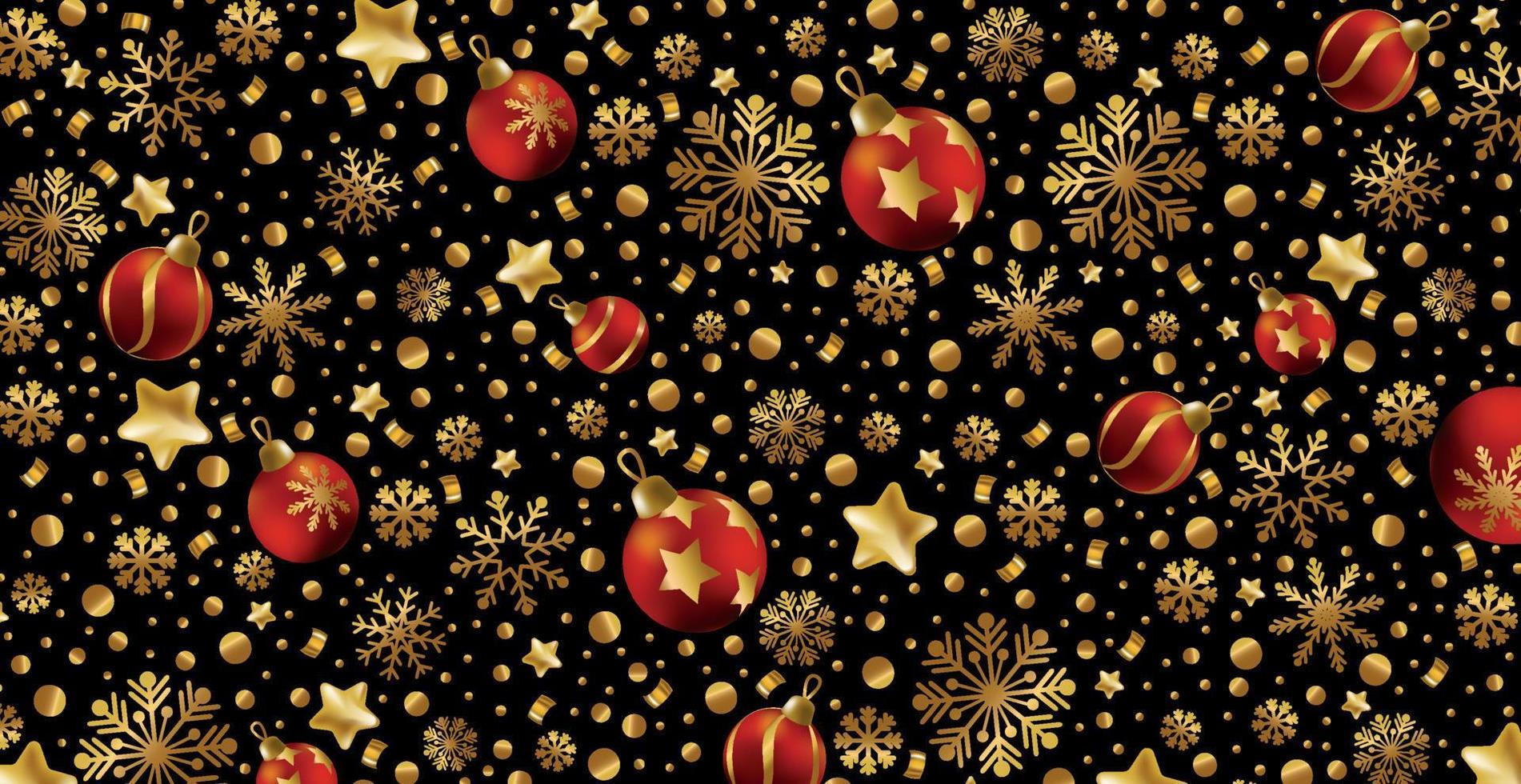 frohes neues jahr und frohe weihnachten grußkarte, urlaubsbanner, webplakat. dunkler Hintergrund mit glänzenden goldenen Schneeflocken und roten Weihnachtskugeln - Vektor