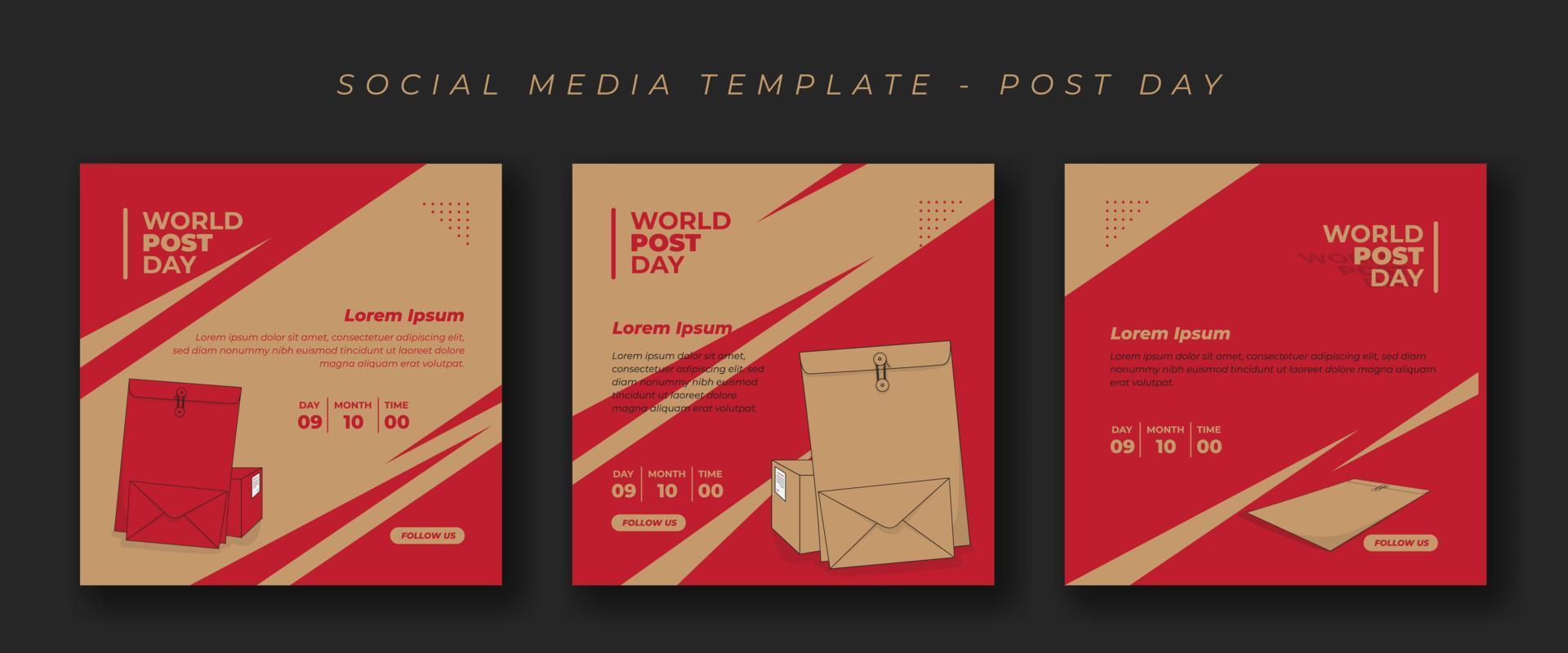 Social-Media-Beitragsvorlage mit Umschlag- und Kartondesign auf rotem und braunem Hintergrund vektor