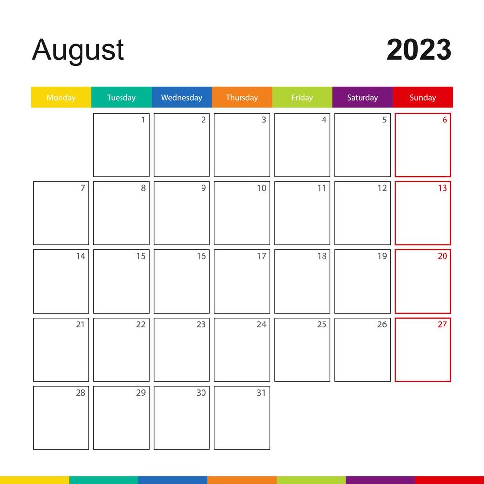 augusti 2023 färgrik vägg kalender, vecka börjar på måndag. vektor