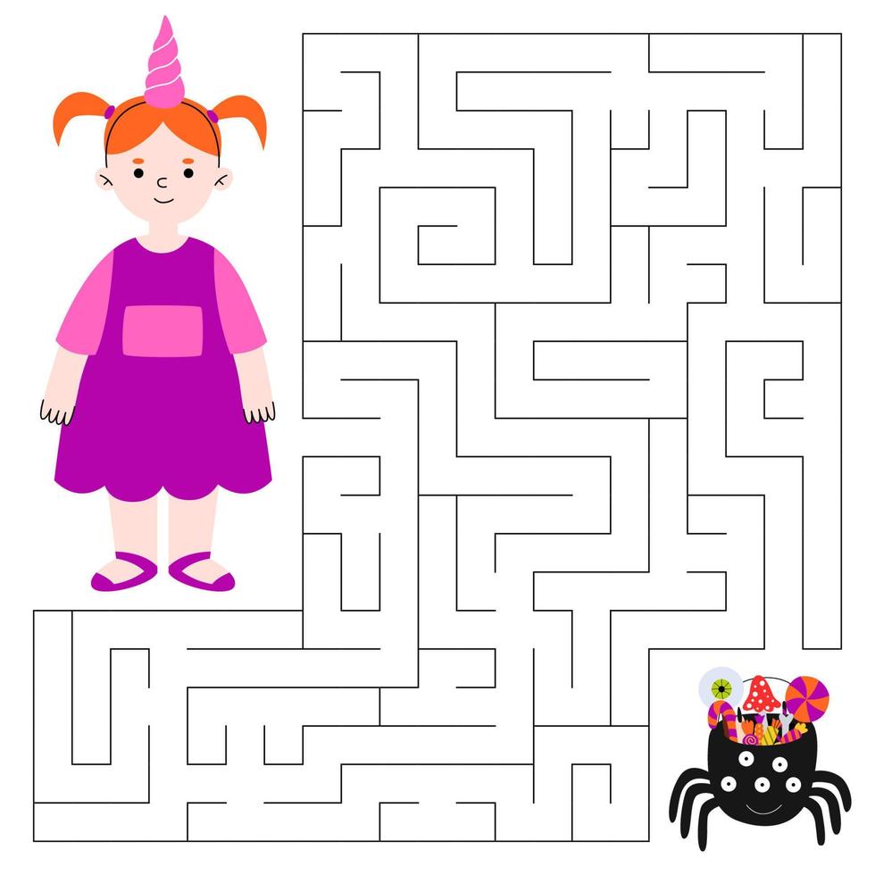 labyrint spel för barn. söt pojke i kostym enhörning ser för en sätt till de Spindel kittel med sötsaker. barns pedagogisk spel. vektor tecknad serie illustration.