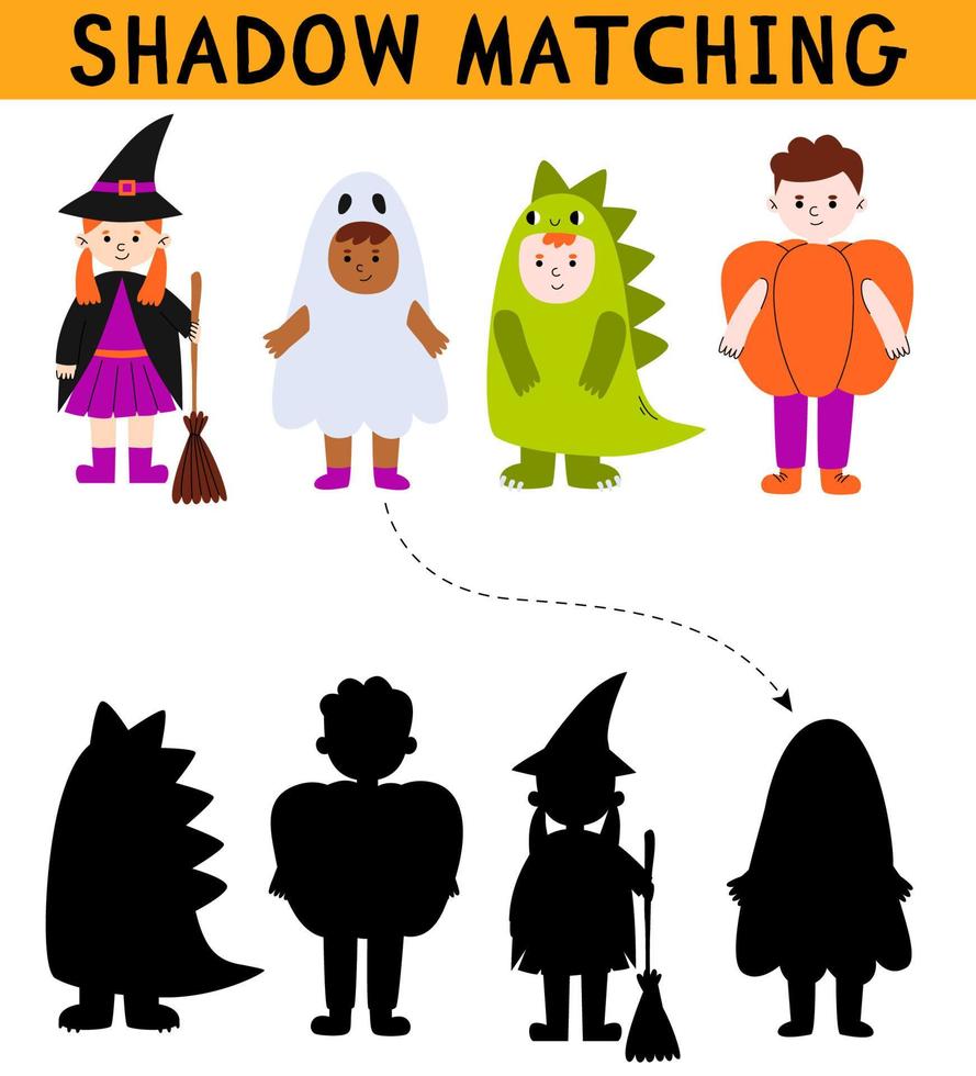 süße Kinder in Halloween-Kostüm-Schatten-Matching-Aktivitäten für Kinder. einfaches Lernspiel für Kinder mit Blättern. Finden Sie das richtige druckbare Arbeitsblatt für Silhouetten. Vektor-Cartoon-Illustration. vektor