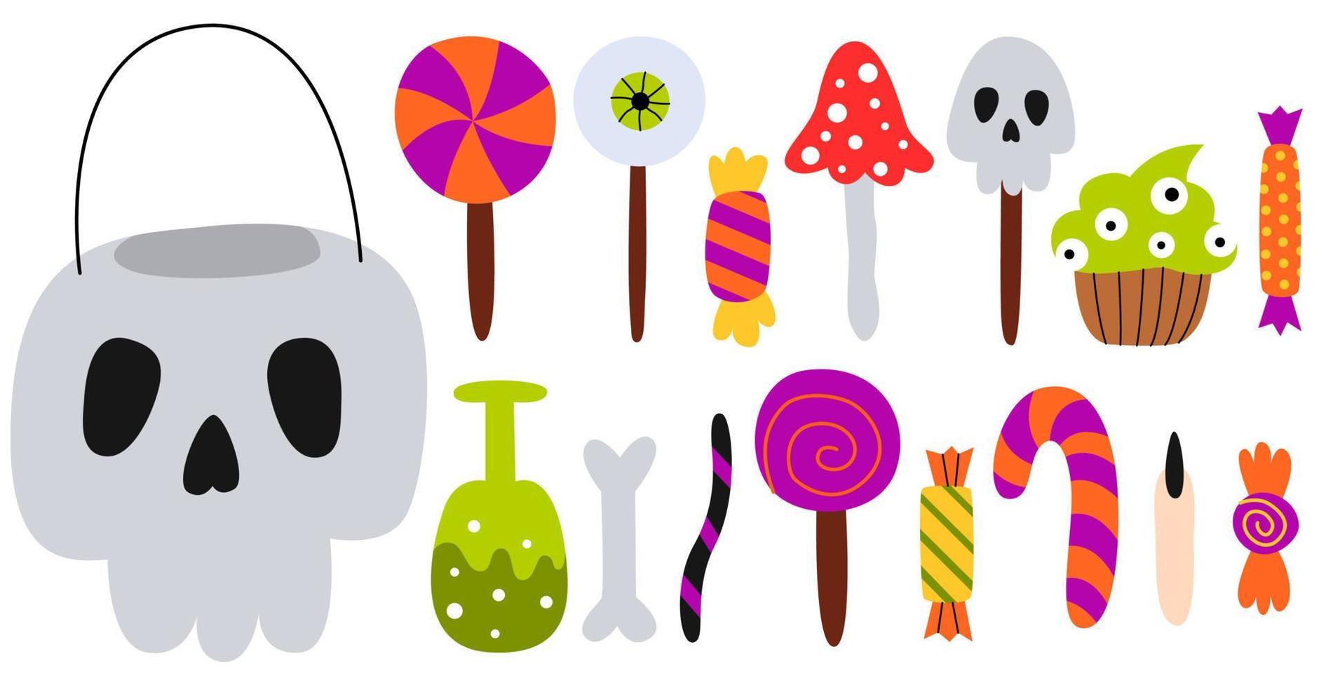 Stellen Sie Halloween-Süßigkeiten und einen Schädelkessel ein. Lutscher, Bonbons, Zuckerrohr und Kekse. Süßes oder Saures Elemente. Vektor-Cartoon-Illustration. vektor