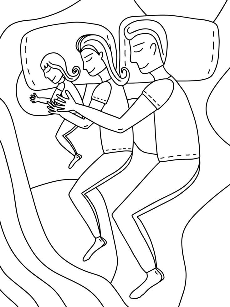 söt ung familj sovande med barn i säng färg sida. färg sida med mor och far kramas deras bebis. vektor stock illustration