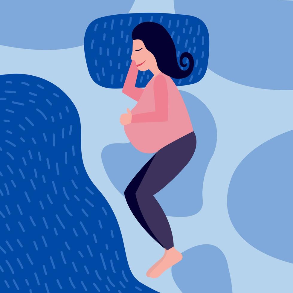 Glückliche schwangere Frau, die auf der Draufsicht des Bettes schläft. schwangere frau hält ihren bauch schlafend vektor