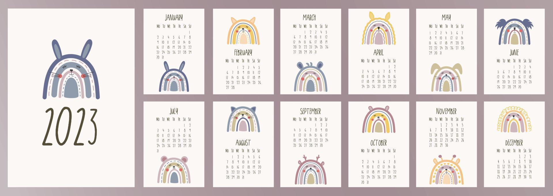 kalender 2023 mall. en gång i månaden kalender 2023 med boho söt djur regnbågar kanin, räv, lejon, katt, giraff. trendig färger, tecknad serie stil. börjar på måndag. en modern kalender för ungar. design mall vektor