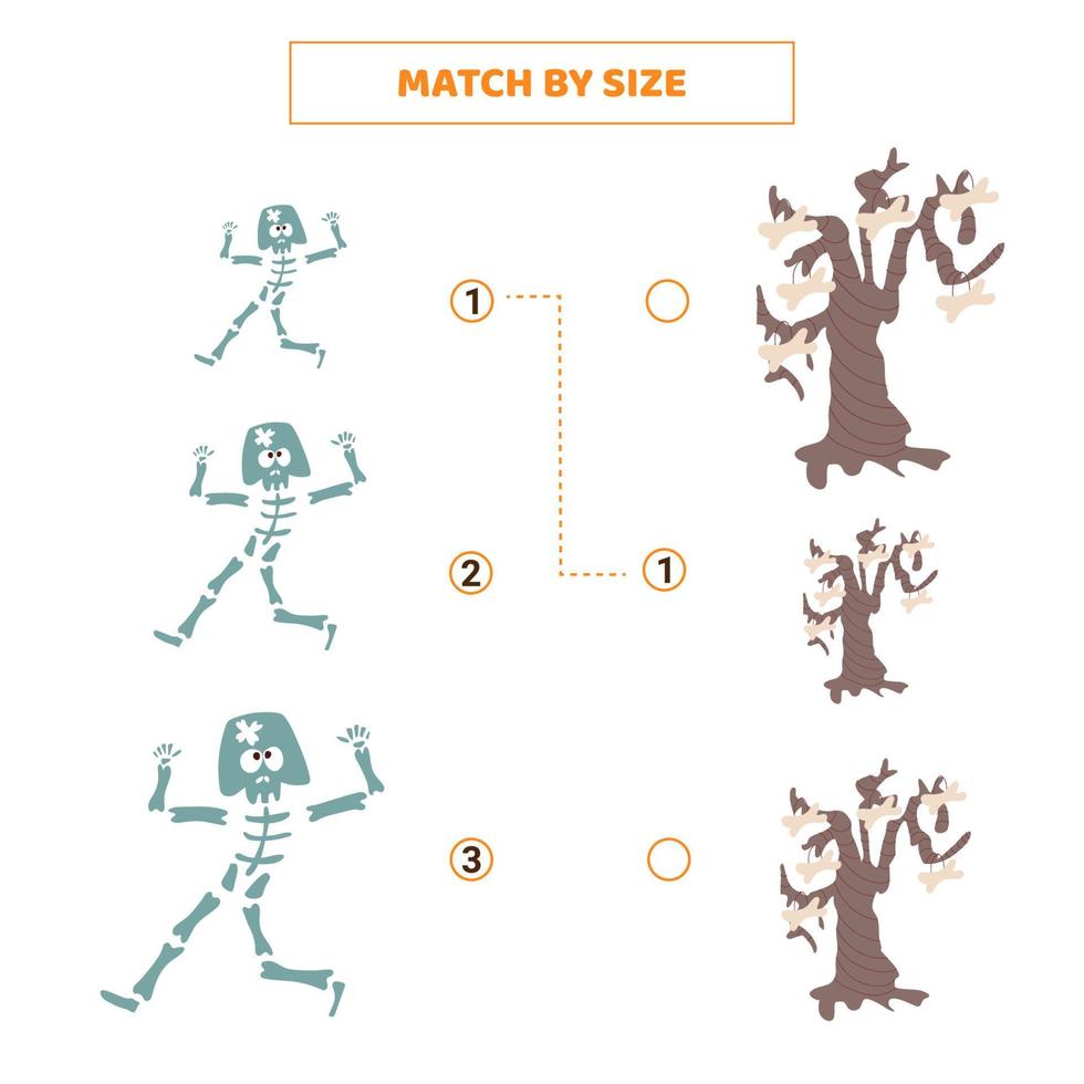 match förbi storlek för tecknad serie skelett och träd. vektor