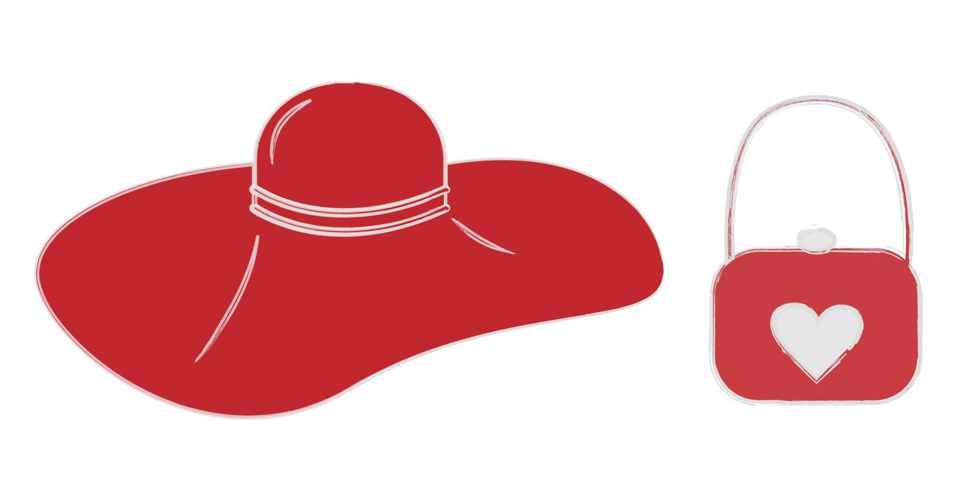 stiliserade kvinnor bredbredd hatt och handväska med målad hjärta i trendig röd nyanser. isolera. klistermärke vektor