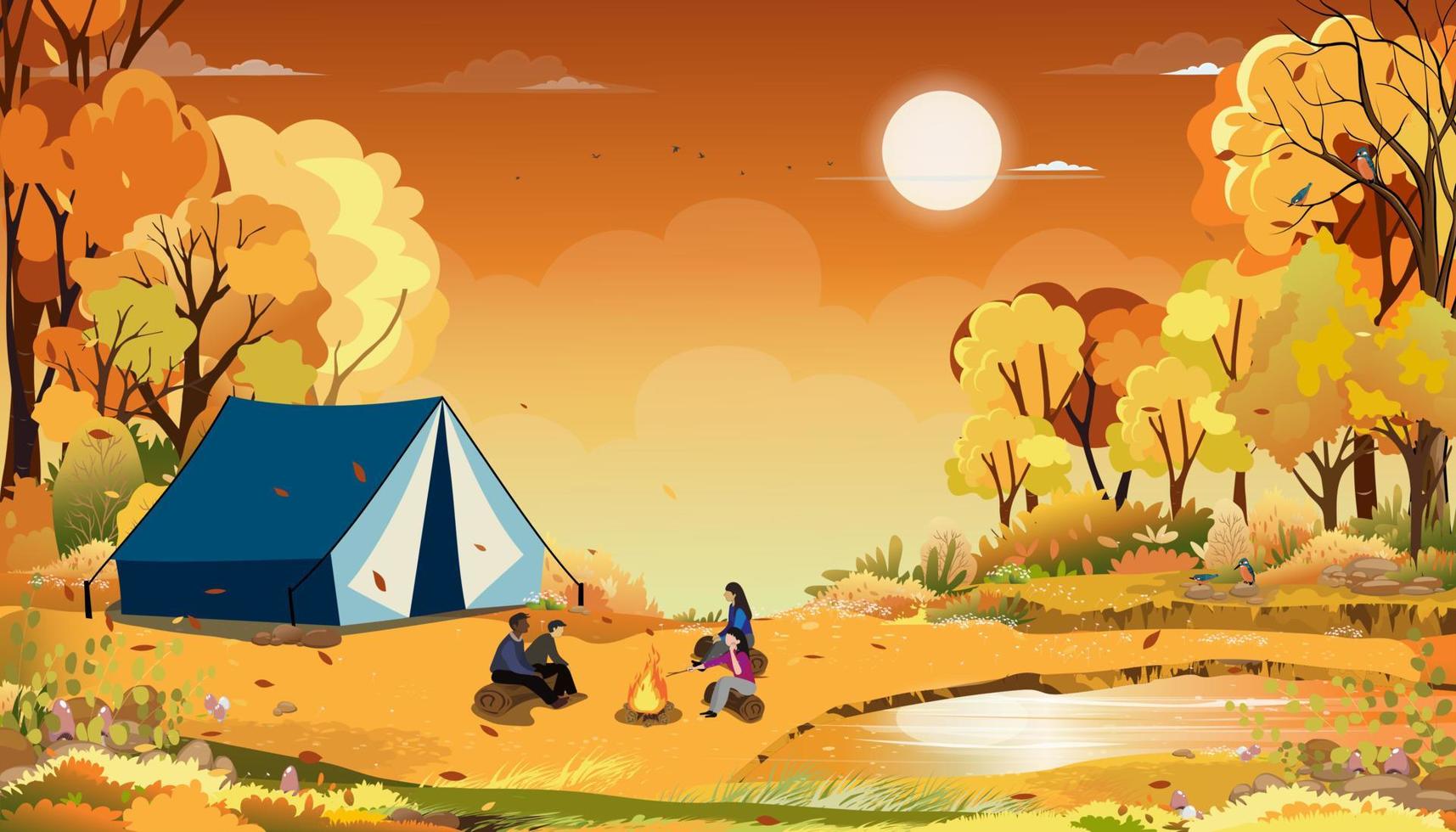 familj njuter semester camping på landsbygden i höst, grupp av människor Sammanträde nära de tält och lägereld har roligt talande tillsammans, vektor lantlig landskap i falla skog träd med solnedgång himmel