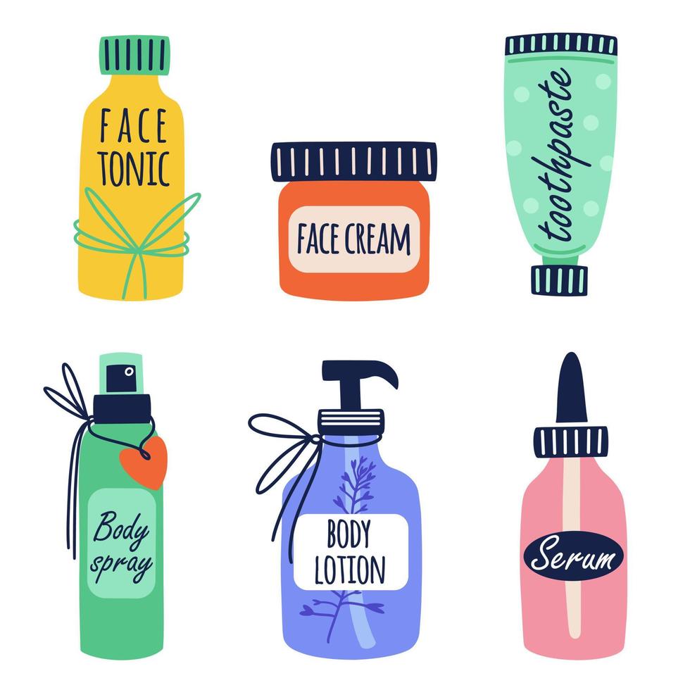 naturlig eco kosmetika vektor ikon uppsättning. ansikte tonic, grädde, tandkräm, kropp spray, lotion, serum. flaskor med skönhet produkt för hud vård, fuktgivande. platt ClipArt för spa, logotyp. isolerat på vit