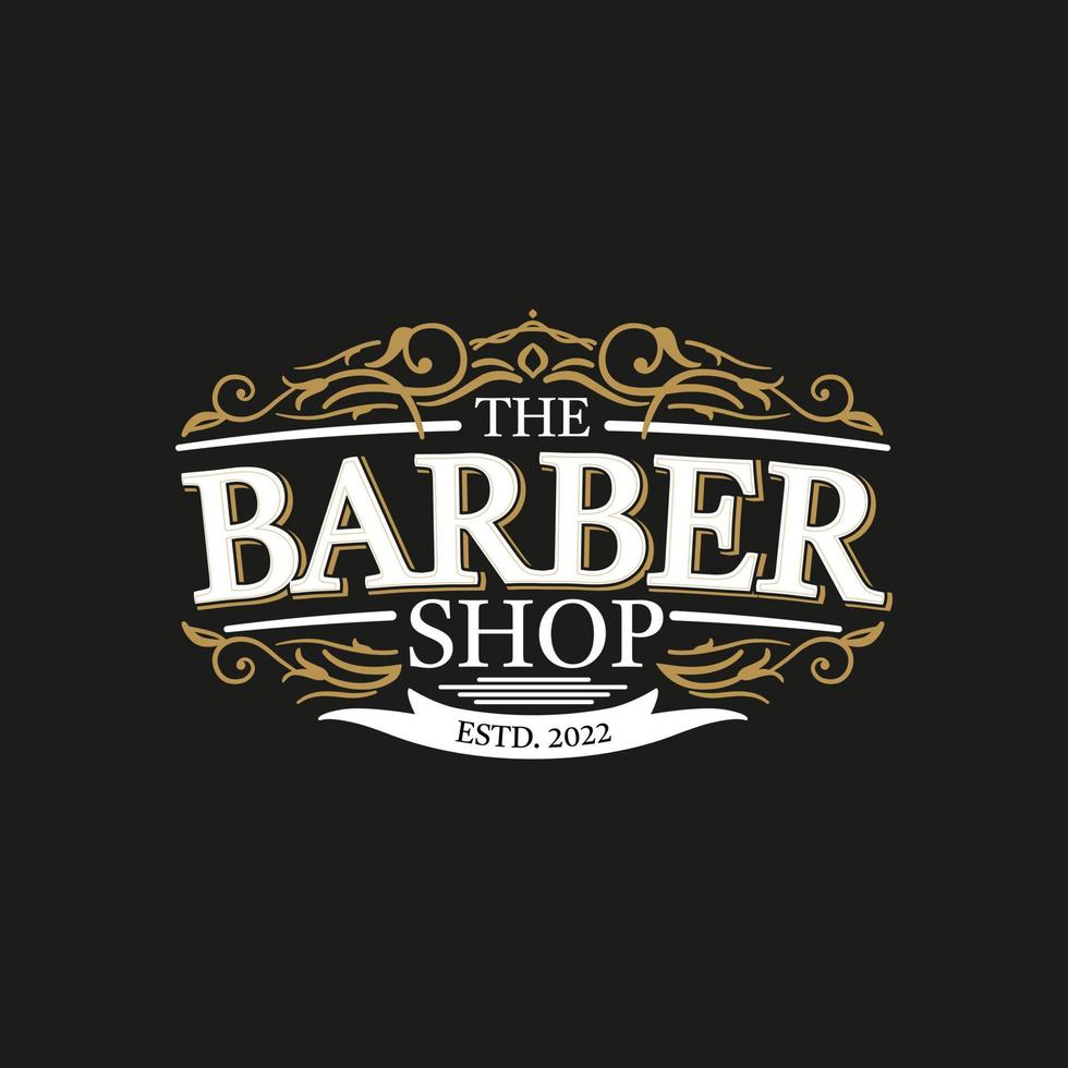 Barbershop verziertes Vintage-viktorianisches Typografie-Logo-Design mit dekorativem Zierrahmen vektor