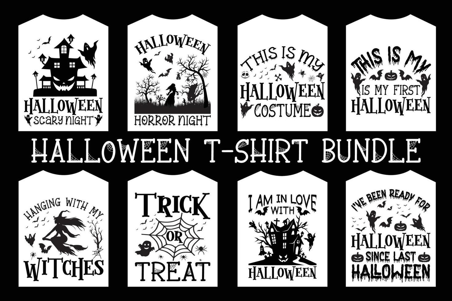 Halloween-T-Shirt-Paket. Horror-Hand-Teufel-T-Shirt-Design. schöner und auffälliger Halloween-Vektor-Cartoon-Stil mit Horrorhänden, Teufeln, Kürbissen, Hexen, Katzen, Fledermäusen und vielem mehr. vektor