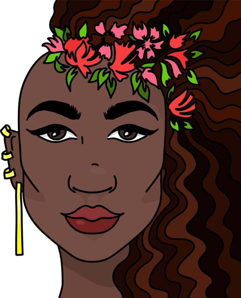 flicka ansikte med röd blommor i henne svart lång hår vektor