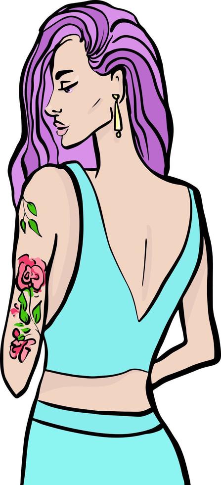 lila lång håriga flicka med en blomma tatuering på henne axel vektor