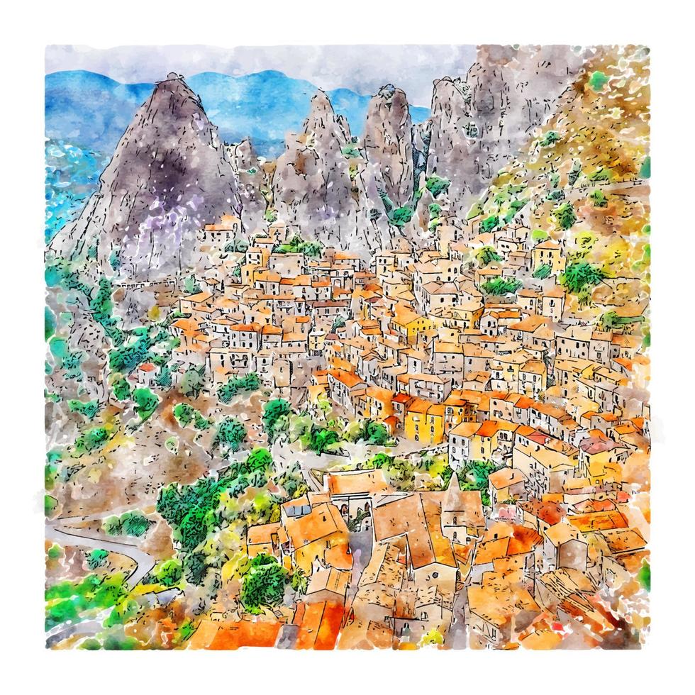 castelmezzano Italien vattenfärg skiss hand dragen illustration vektor