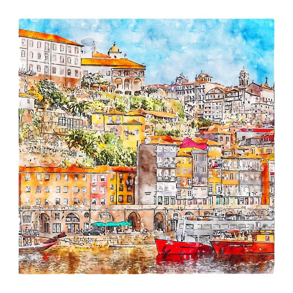 rio douro porto portugal aquarellskizze handgezeichnete illustration vektor