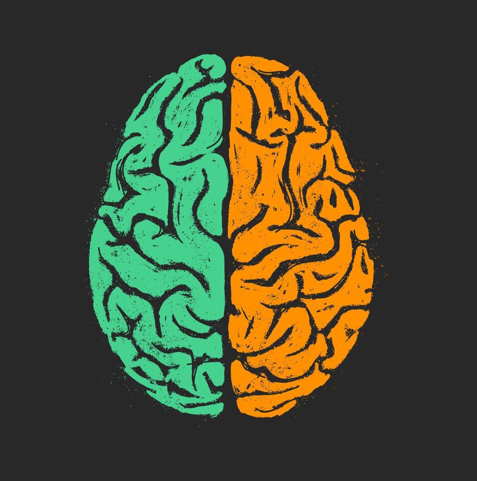 logisk och kreativ mänsklig hjärna. isolerat hand dragen vektor illustration på svart bakgrund