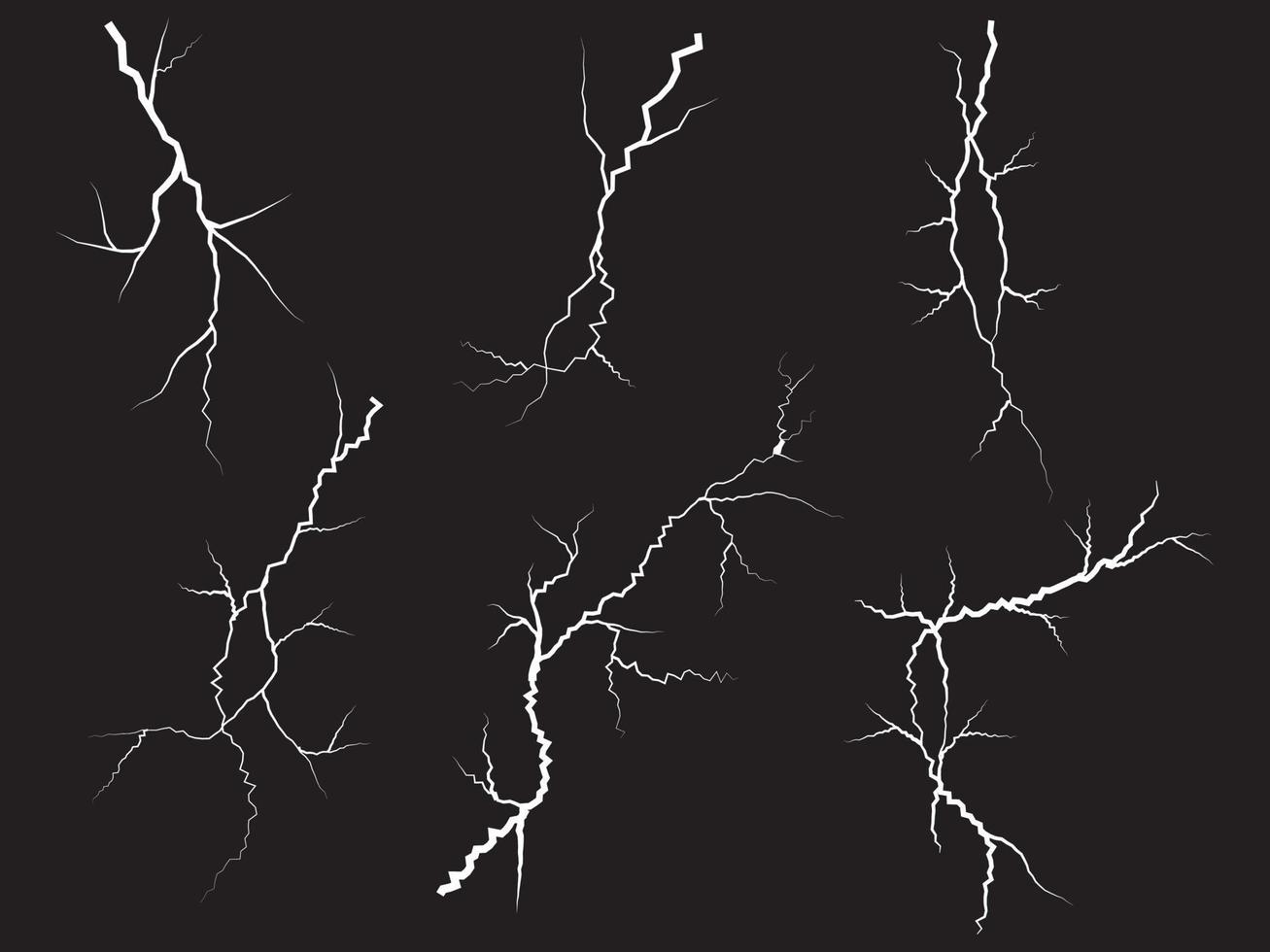 hand dragen blixt- storm effekt, knäckt jord. klotter ha sönder uppsättning. isolerat på svart bakgrund. vektor illustration