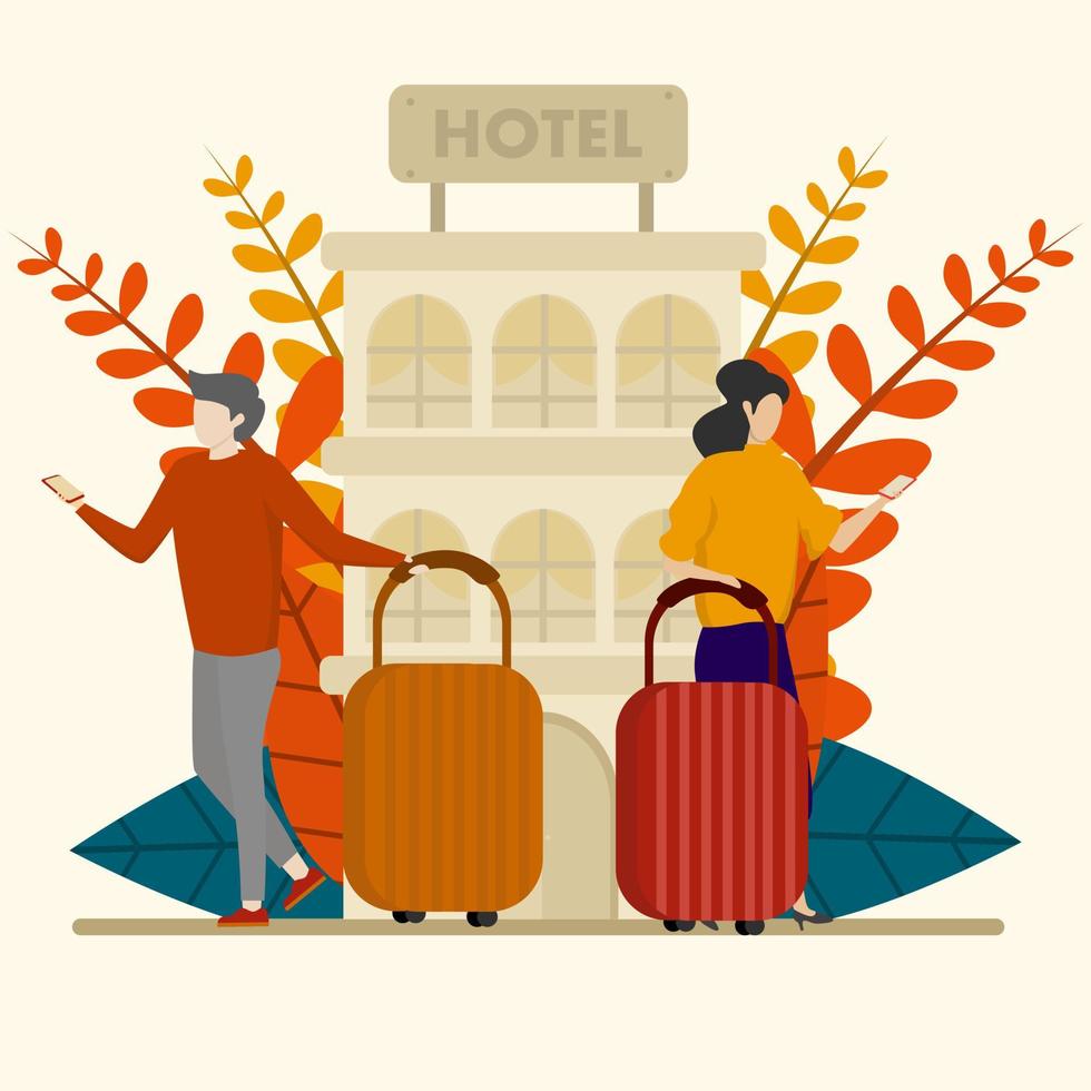 Tourist wählt Hotel aus und bucht Online-Zimmer mit flacher Vektorgrafik. Menschen suchen oder wählen Hotels, Gasthöfe und Appartements über das Internet aus. reise-, urlaubs- und unterkunftskonzept vektor