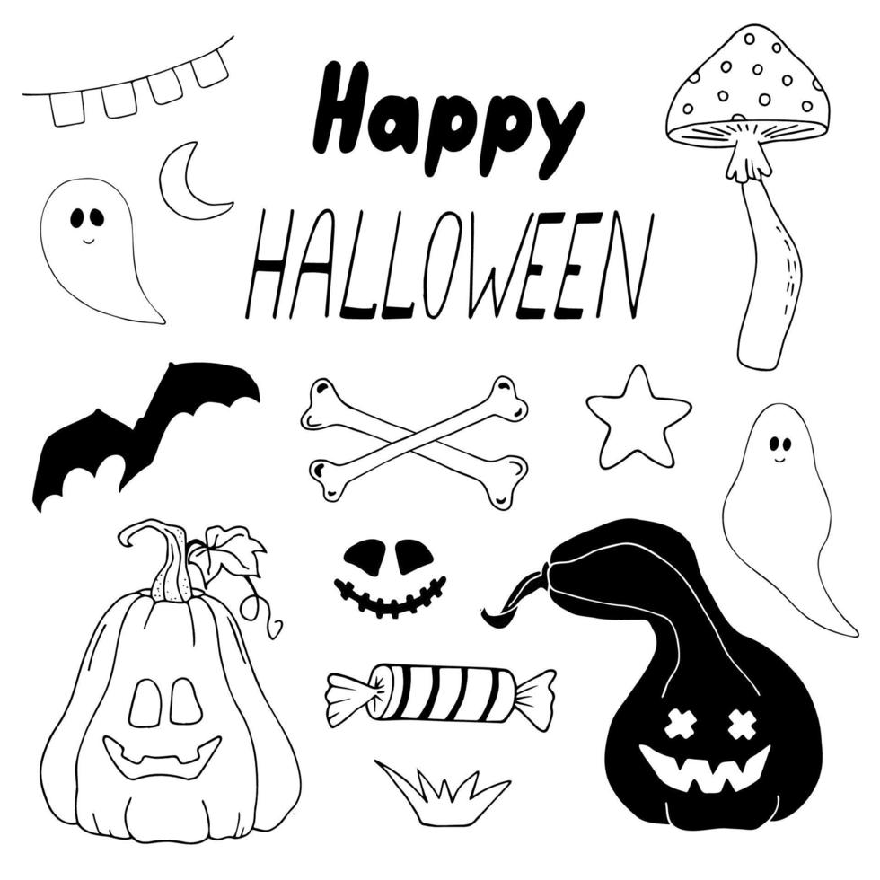 Vektor-Doodle-Set von Halloween-Cliparts. eine lustige handzeichnung, niedliche illustration für saisonale gestaltung, textilien, dekoration eines kinderspielzimmers oder eine grußkarte. Kürbisse, Gespenster, Hexenhüte usw vektor