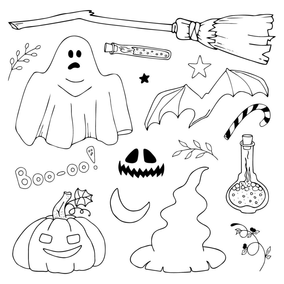 Vektor-Doodle-Set von Halloween-Cliparts. eine lustige handzeichnung, niedliche illustration für saisonale gestaltung, textilien, dekoration eines kinderspielzimmers oder eine grußkarte. Kürbisse, Gespenster, Hexenhüte usw vektor