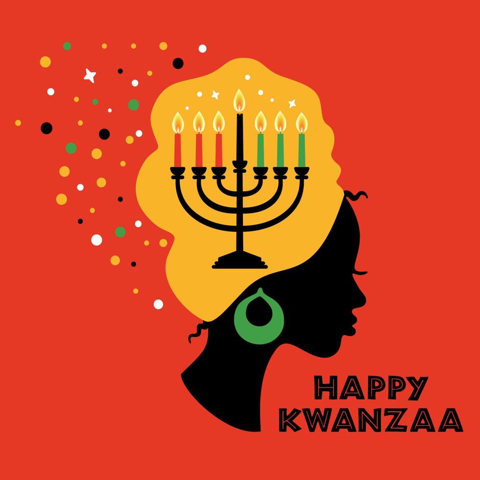hälsning kort för kwanzaa med afrikansk kvinnor. vektor illustration. Lycklig kwanzaa dekorativ hälsning kort. sju kwanzaa ljus i vektor.