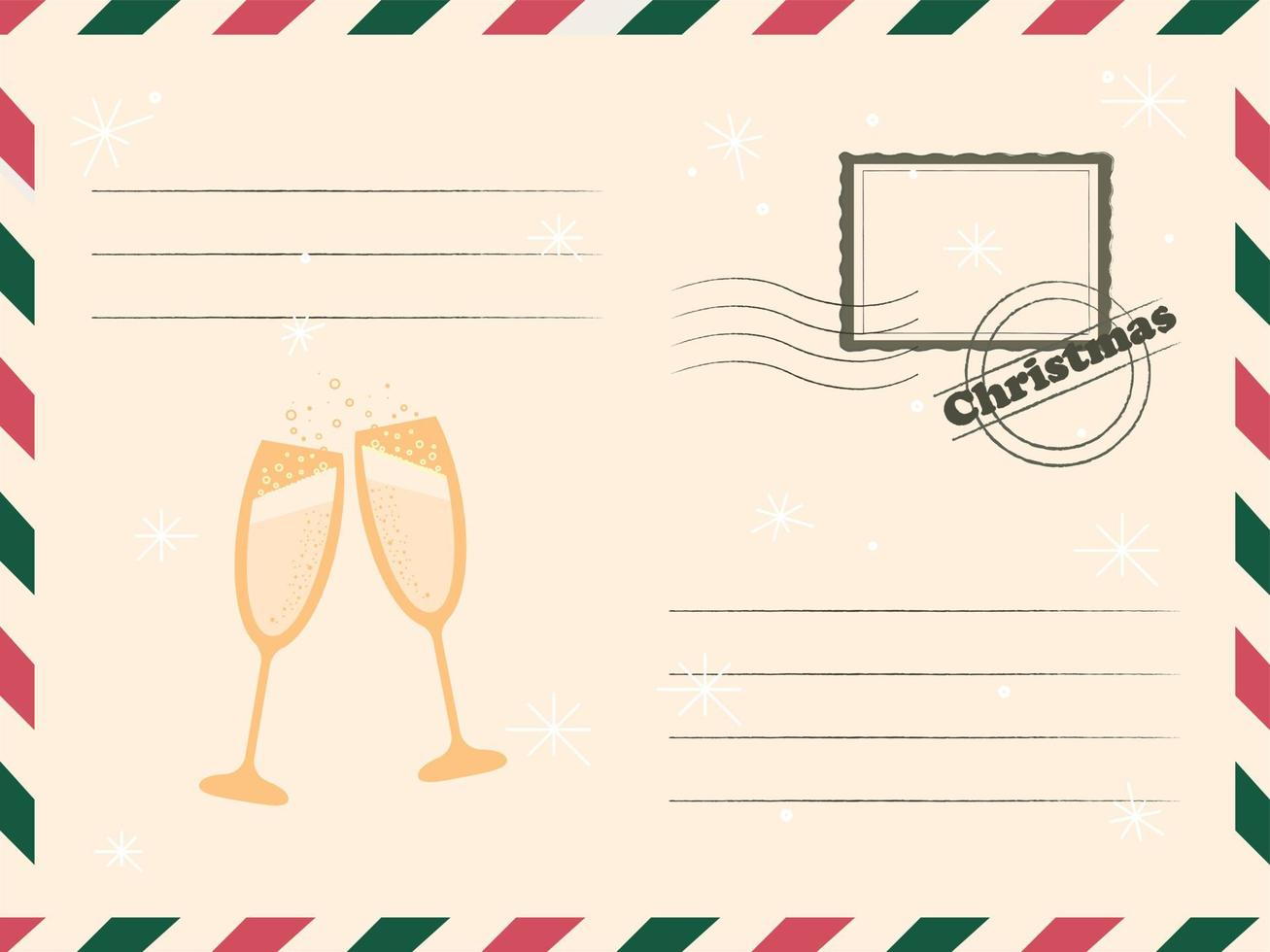 eine Vektorpostkarte mit einer Vintage-Briefmarke. weihnachtskarte für glückwünsche dekoriert mit champagner und schneeflocken. eine fertige Grußkarte. vektor