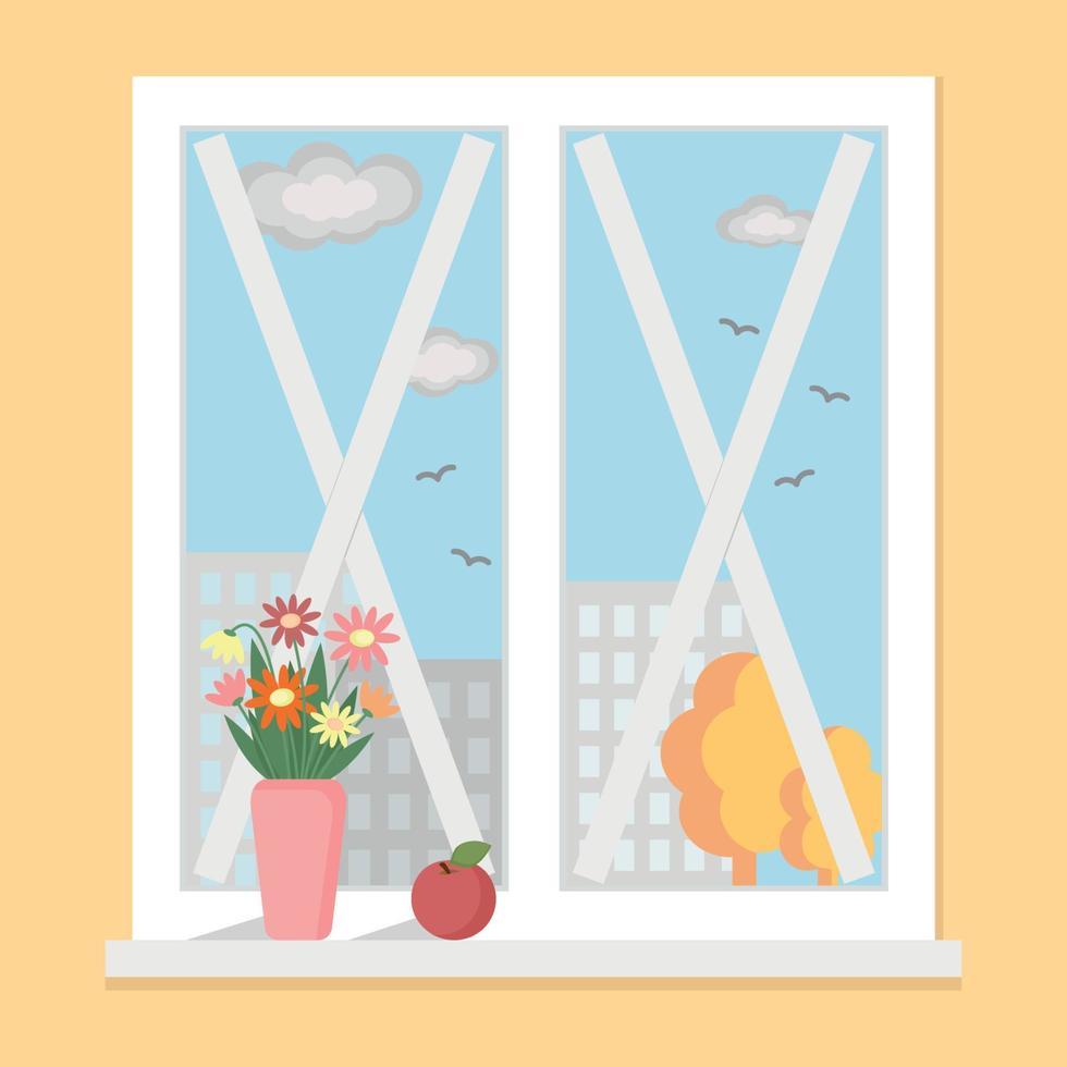 Ein Fenster, das mit Klebeband von einer Druckwelle versiegelt wurde, ein flacher Vektor, ein weißes Fenster auf gelbem Hintergrund, eine herbstliche Stadtlandschaft vor dem Fenster, eine Blumenvase und ein Apfel am Fenster vektor