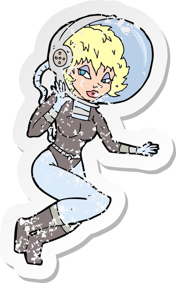 retro nödställd klistermärke av en tecknad rymdkvinna vektor