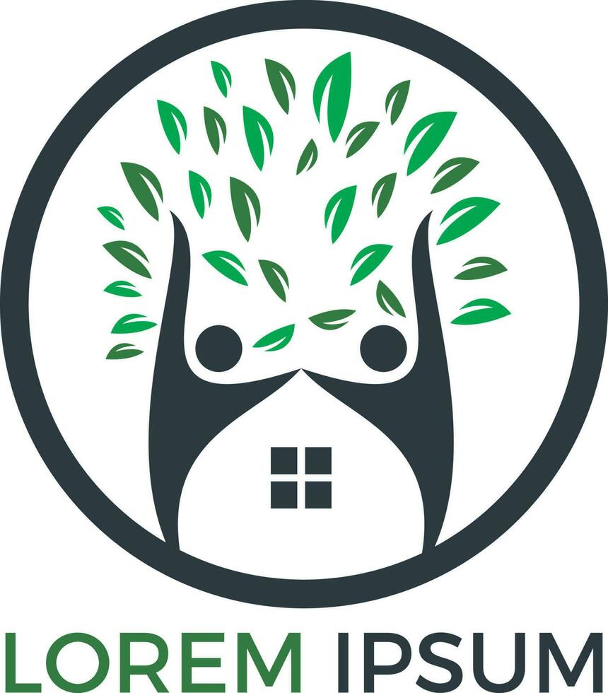 Logo-Design für Haus und Menschen. Baumhaus und fröhliche Menschen Vektor-Logo-Vorlage. vektor