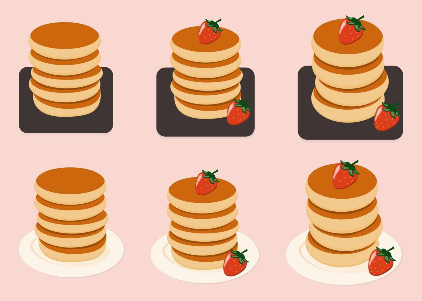 Cartoon-Pfannkuchen. stapel leckere pfannkuchen mit erdbeere. köstliche frühstücksnahrungsvektorillustrationen. Amerikanischer Brunch mit Beeren. Reihe von hausgemachten Pfannkuchen. vektor