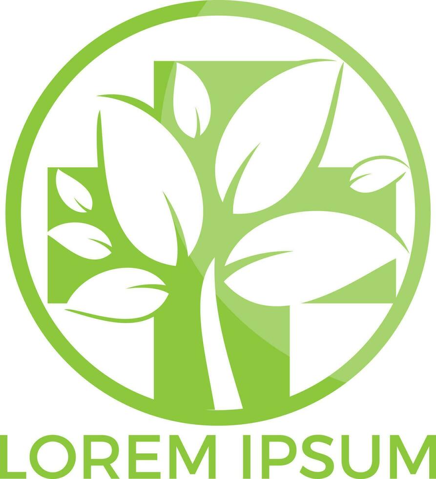 medicinsk korsa och grön leafs vektor logotyp begrepp illustration. naturlig hälsa vård logotyp, naturlig behandling logotyp.
