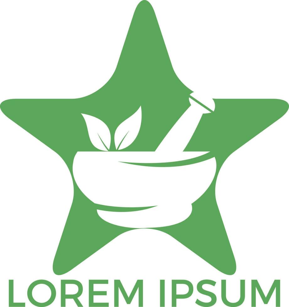 Stern-Apotheke medizinisches Logo-Design. natürliches Mörser- und Stößel-Logo, medizinisches Kräuterillustrationssymbol-Vektordesign. vektor