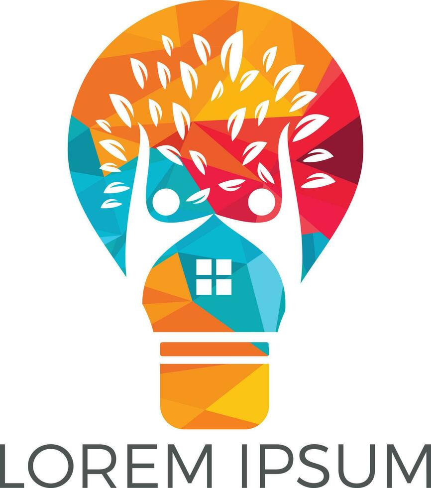 Smart-House-Logo-Vorlage. Glühbirne mit Baumhaus und Menschen-Logo-Design. konzept für geistiges zuhause, wohnung oder hütte. vektor