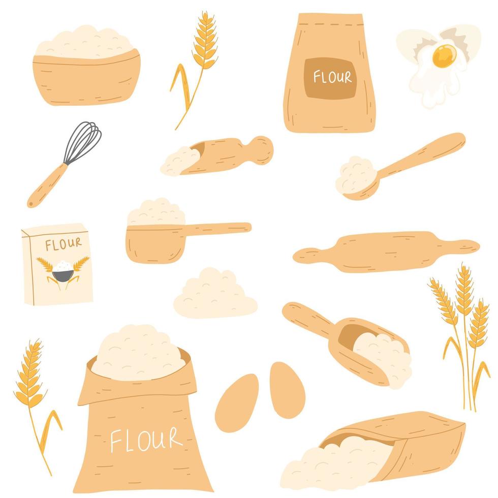 bakning Ingredienser i tecknad serie platt stil. väska med mjöl, ägg, kök vispa, rullande stift, vete öra spikelet. vektor illustration uppsättning för bakverk matlagning