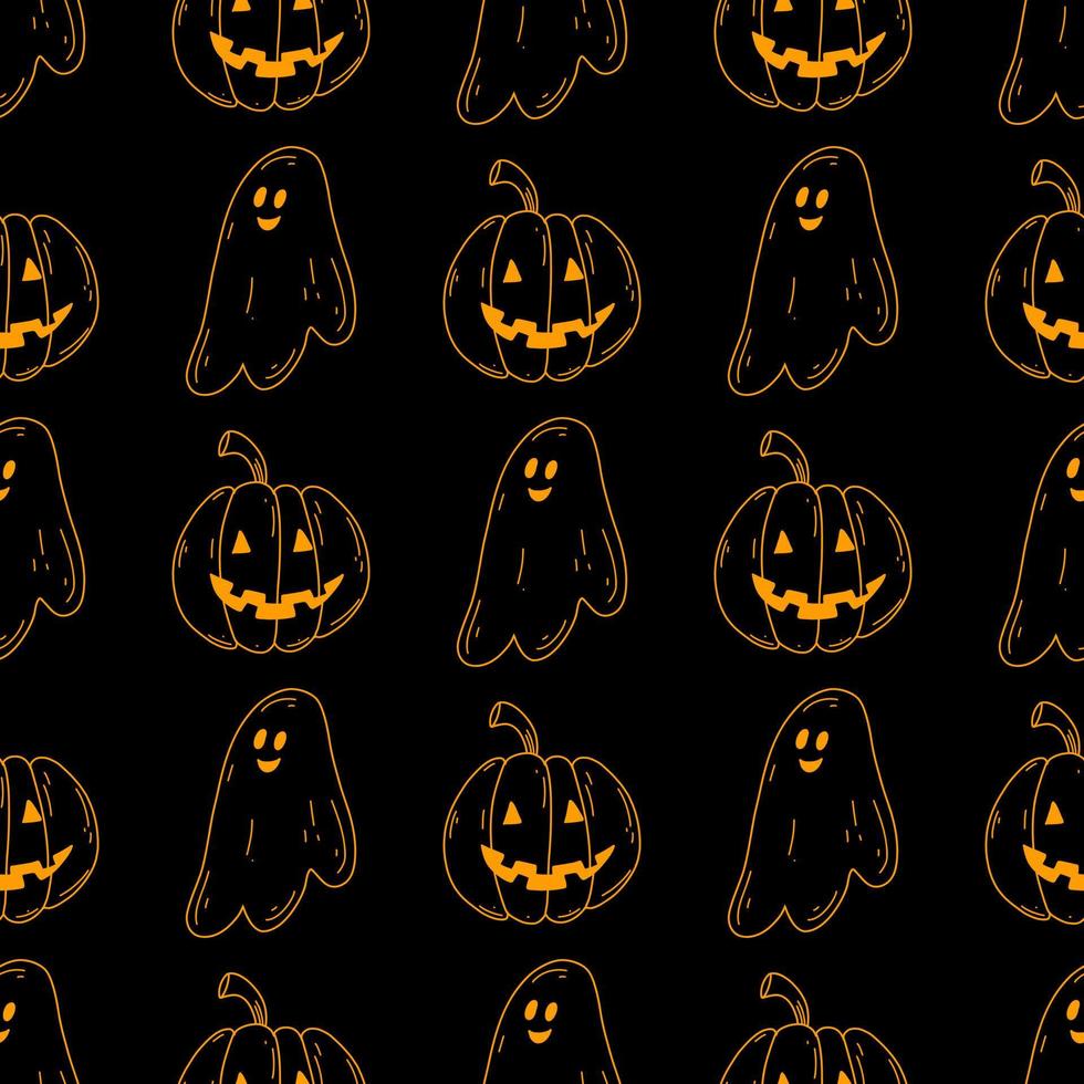 halloween sömlös mönster med klotter spöke och pumpa i neon färger på svart bakgrund. vektor illustration för webb och textil- design, omslag papper, kort, skriva ut