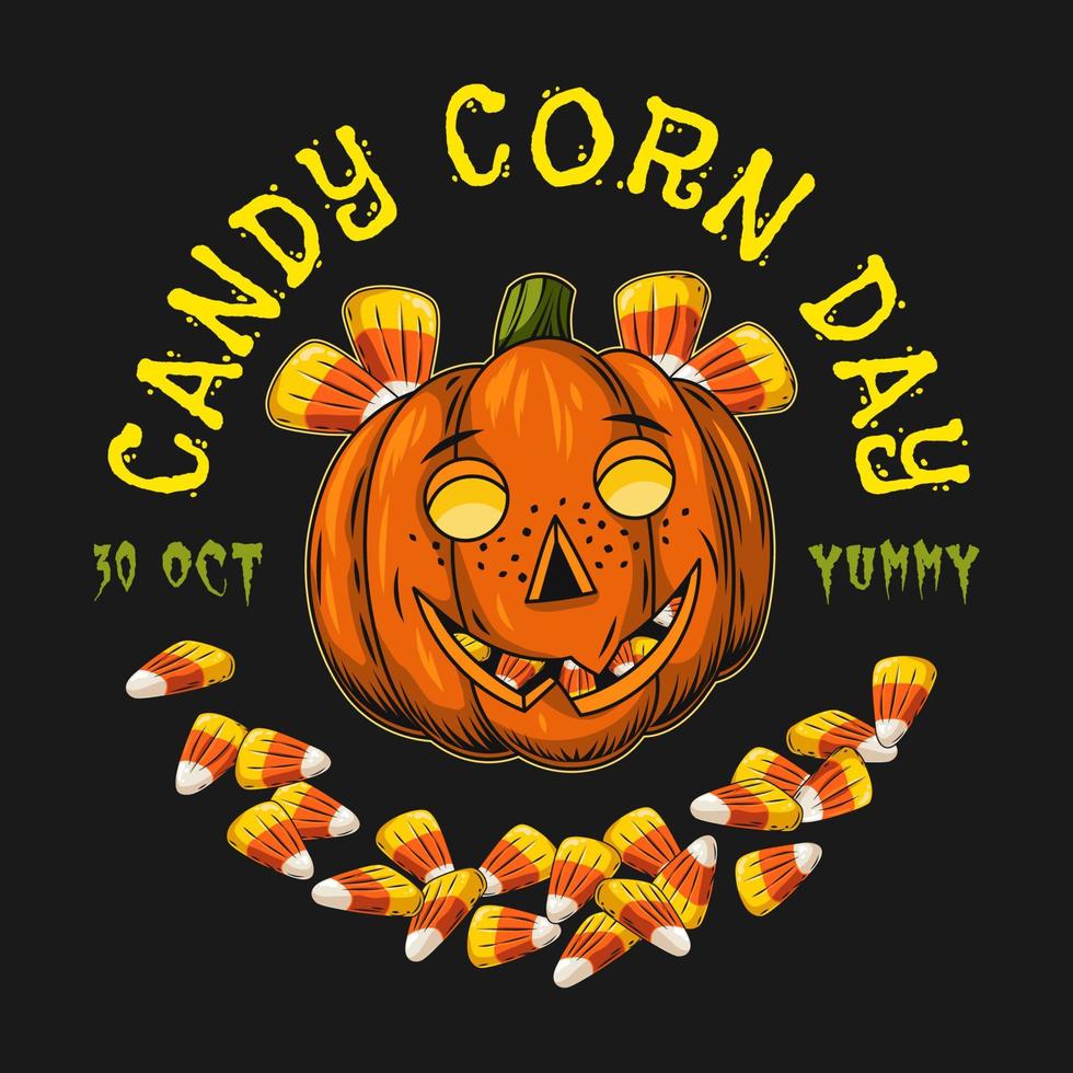 halloween vintage emblem mit candy corn, kürbiskopf stilisiert als lächelndes schelmisches sommersprossiges kindergesicht. Patch für Candy Corn Day. isolierte Vektordarstellung auf dunklem Hintergrund vektor