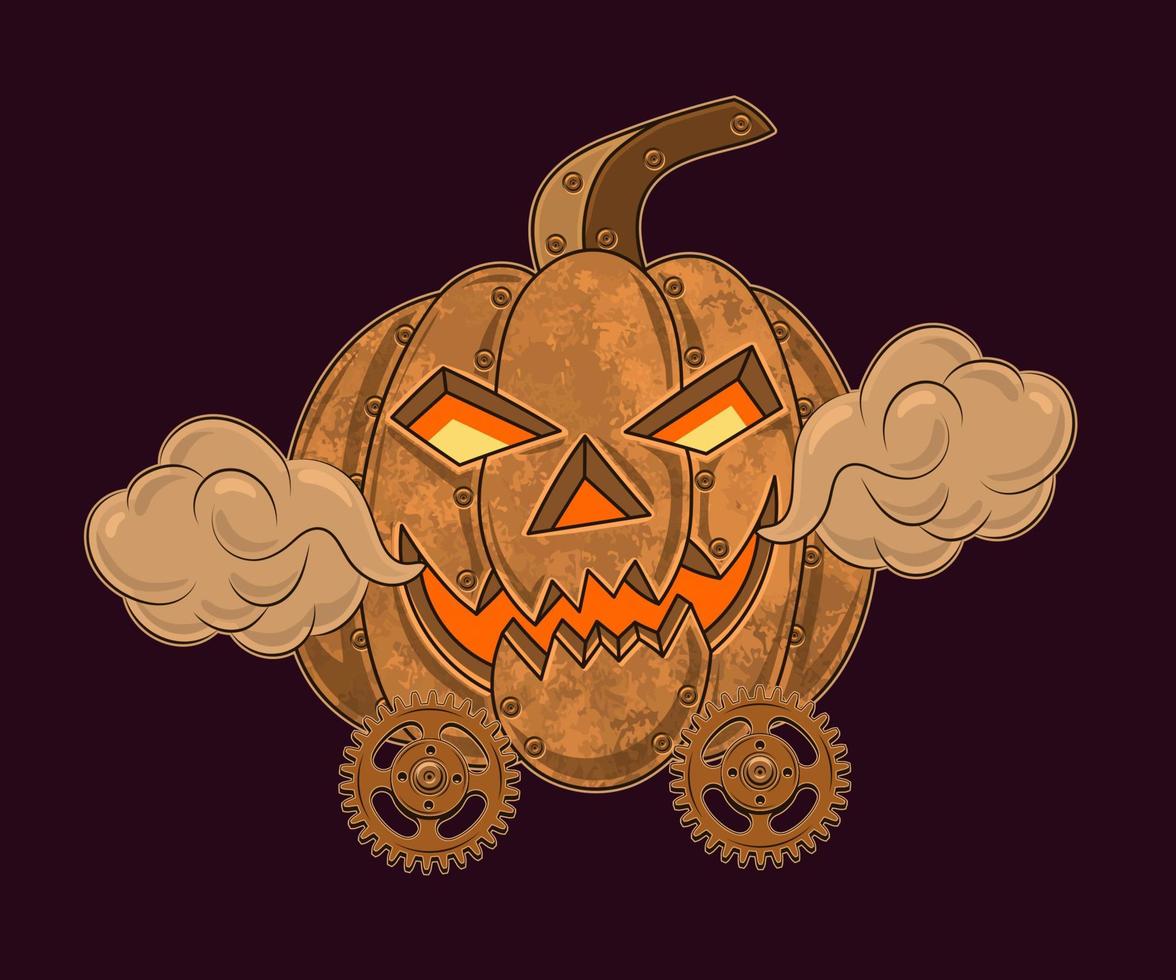 halloween pumpa i steampunk stil med lysande ögon, flin leende, skrämmande grimas, ånga, kugghjul. vektor illustration isolerat på en mörk bakgrund.