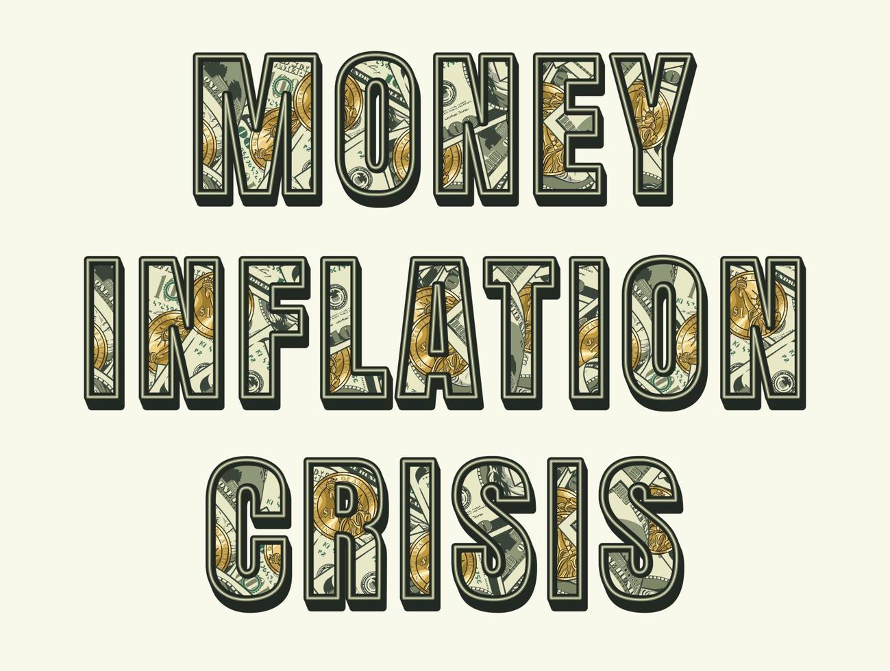 wort inflation, geld, krise mit 100 us-dollar-scheinen und gold-ein-dollar-münzen in buchstaben. volumetrisches Erscheinungsbild von Text. vektor