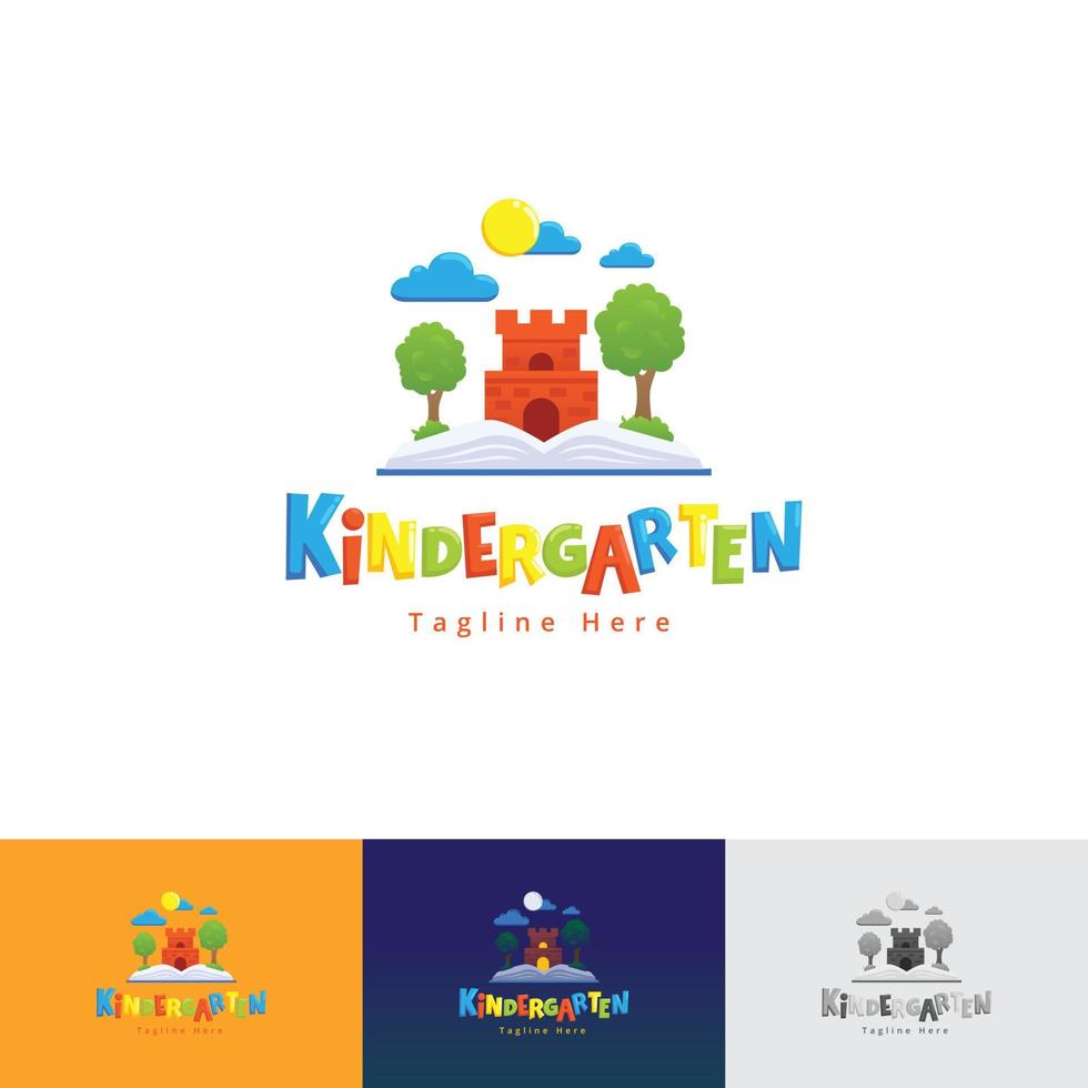 barn kindegarten böcker kombination slott roligt Färg logotyp mall vektor