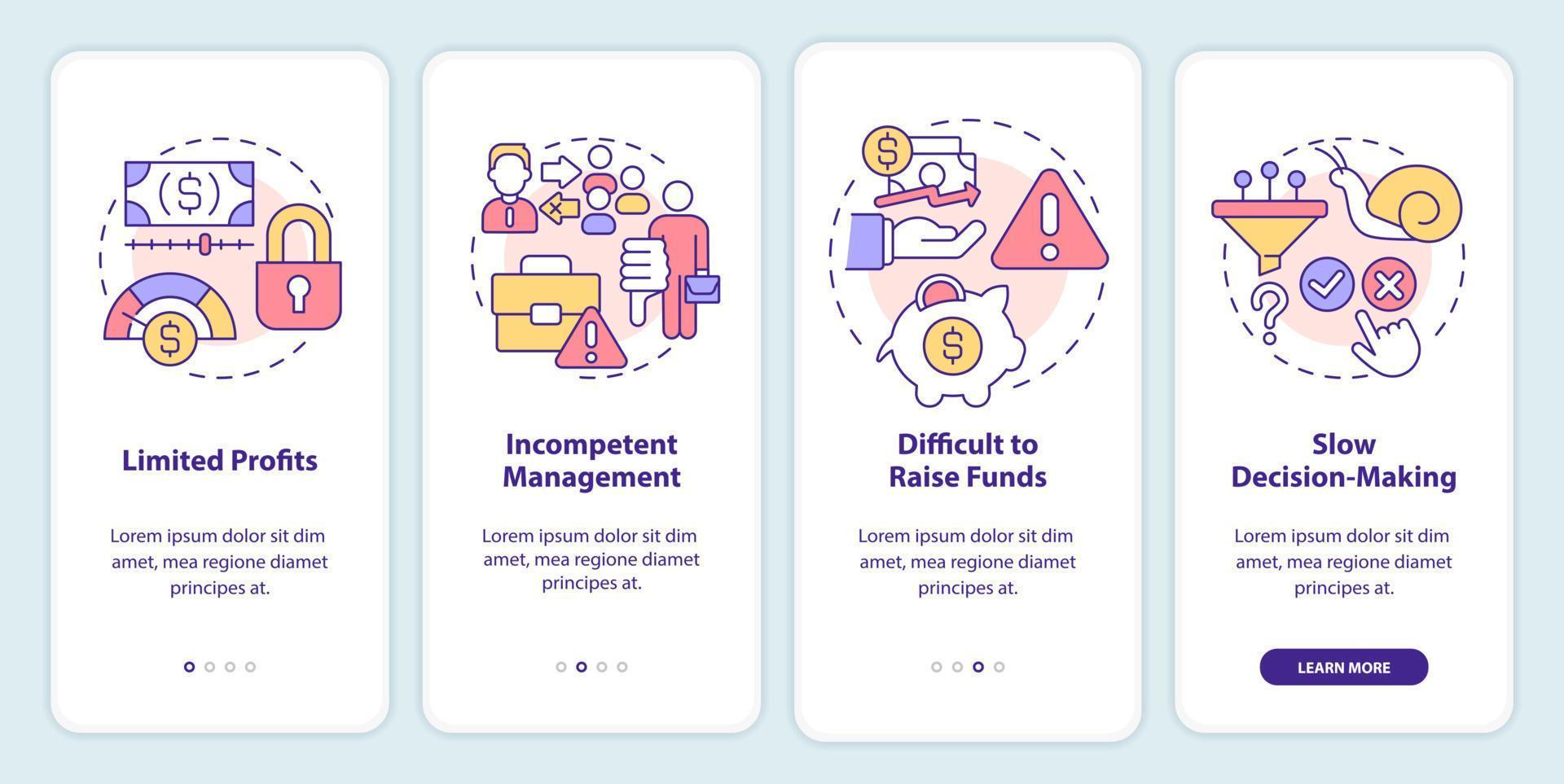 Probleme beim Onboarding von Genossenschaften auf dem Bildschirm der mobilen App. Partnerschaftsprobleme Walkthrough 4 Schritte grafische Anleitungsseiten mit linearen Konzepten. ui, ux, gui-Vorlage. vektor